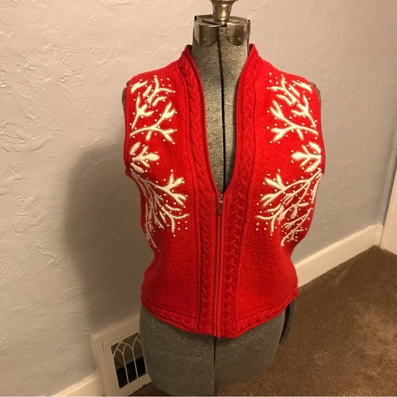 Coldwater Creek Christmas Wool Vest Size Small Embroidered Deer Reindeer Antlers - Picture 1 of 5